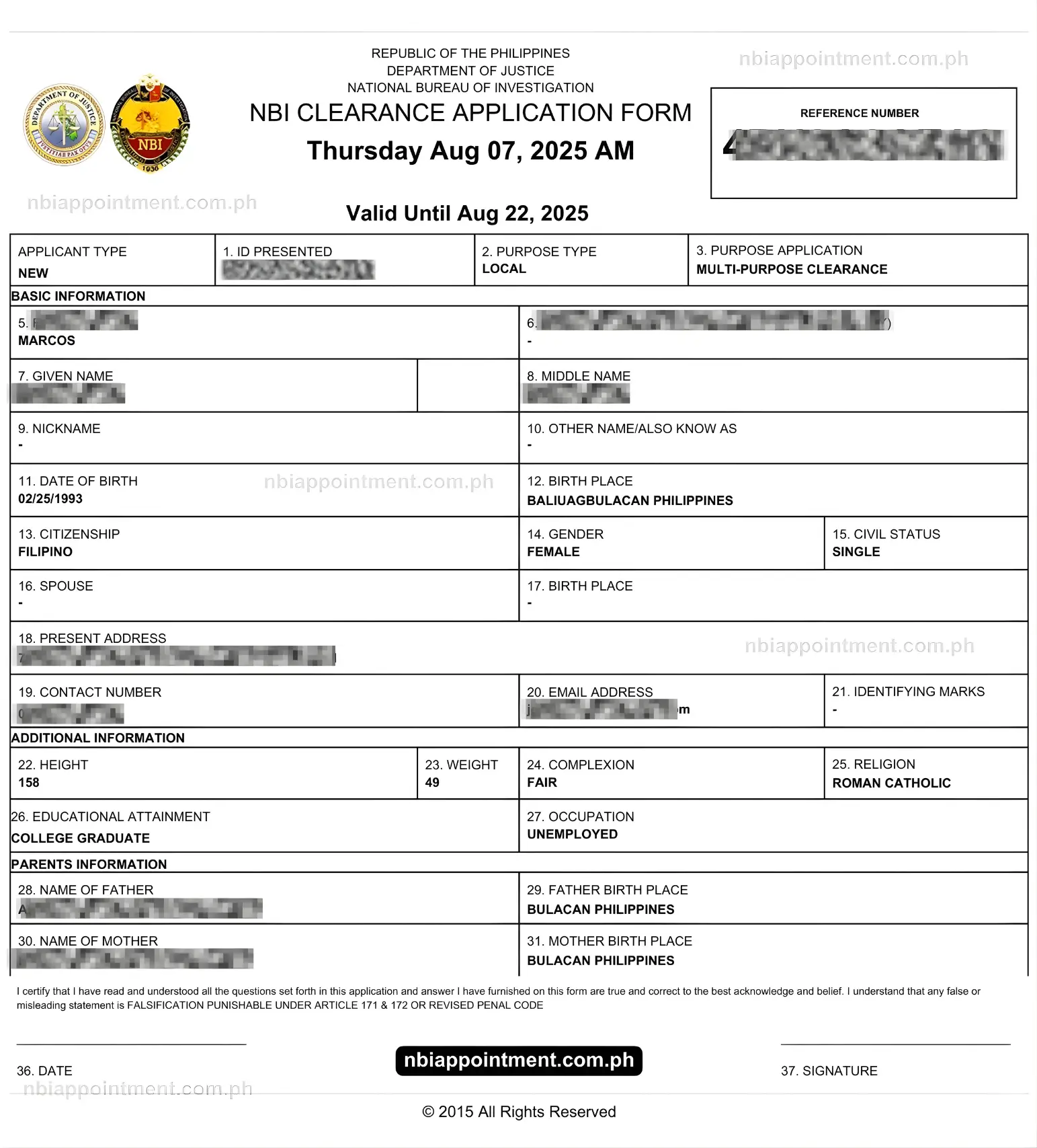 Sample NBI Clearance Application Form